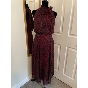 london times dress 6 Red Cheetah High Neck Sleeveless Midi Whimsy Flare Sexy